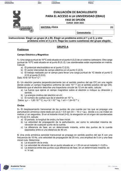 Vista previa de Examen PAU de Física de Canarias 2021 – Ordinaria