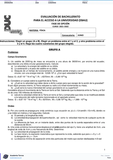 Vista previa de Examen PAU de Física de Canarias 2022 – Ordinaria