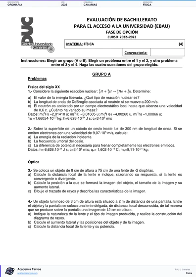 Vista previa de Examen PAU de Física de Canarias 2023 – Ordinaria