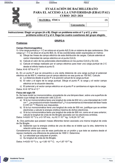 Vista previa de Examen PAU de Física de Canarias 2024 – Ordinaria