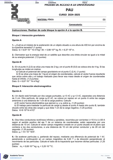 Vista previa de Examen PAU de Física de Canarias 2025 – Ordinaria