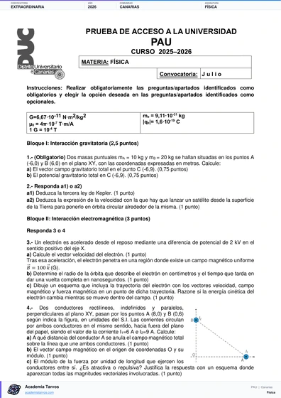 Vista previa de Examen PAU de Física de Canarias 2026 – Extraordinaria