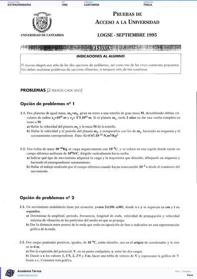 Vista previa de Examen PAU de Física de Cantabria 1995 – Extraordinaria