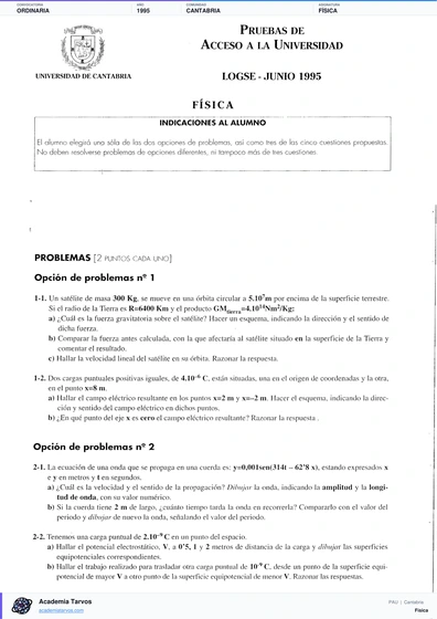 Vista previa de Examen PAU de Física de Cantabria 1995 – Ordinaria