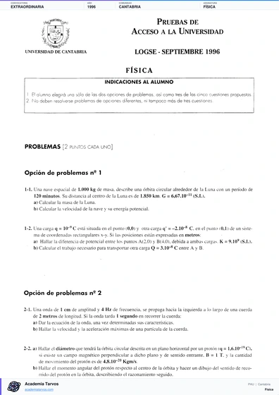 Vista previa de Examen PAU de Física de Cantabria 1996 – Extraordinaria