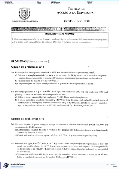 Vista previa de Examen PAU de Física de Cantabria 1996 – Ordinaria