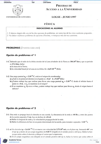 Vista previa de Examen PAU de Física de Cantabria 1997 – Ordinaria
