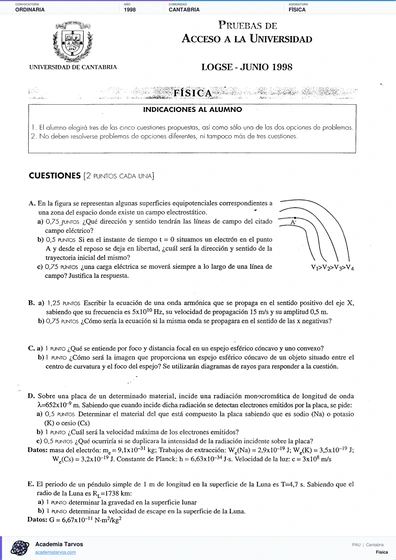 Vista previa de Examen PAU de Física de Cantabria 1998 – Ordinaria