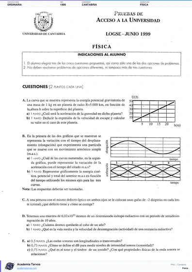 Vista previa de Examen PAU de Física de Cantabria 1999 – Ordinaria