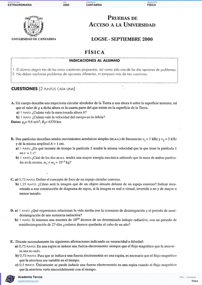 Vista previa de Examen PAU de Física de Cantabria 2000 – Extraordinaria