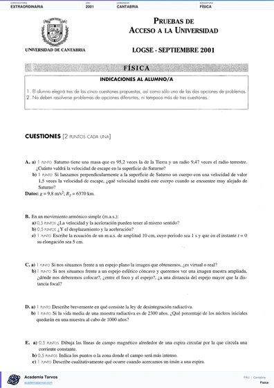 Vista previa de Examen PAU de Física de Cantabria 2001 – Extraordinaria