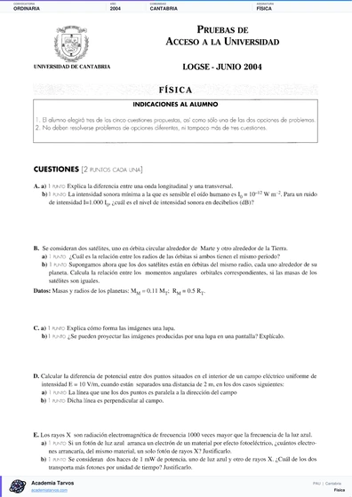 Vista previa de Examen PAU de Física de Cantabria 2004 – Ordinaria