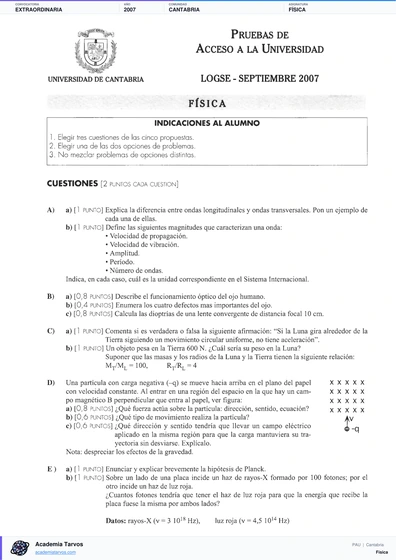 Vista previa de Examen PAU de Física de Cantabria 2007 – Extraordinaria