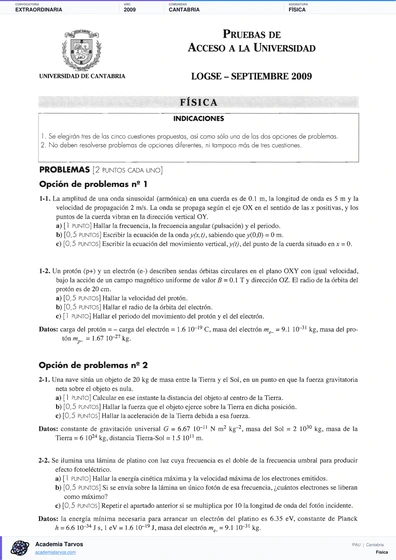 Vista previa de Examen PAU de Física de Cantabria 2009 – Extraordinaria
