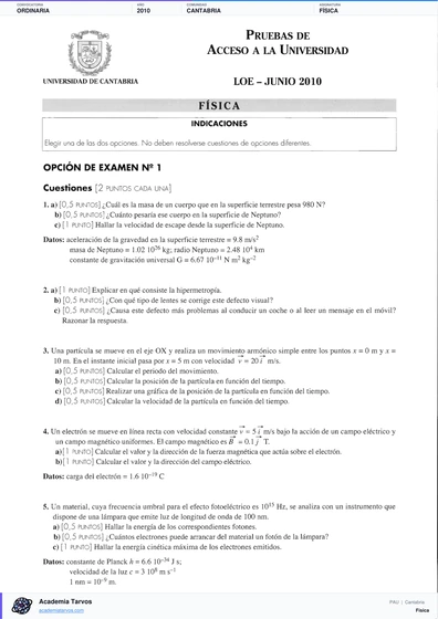 Vista previa de Examen PAU de Física de Cantabria 2010 – Ordinaria
