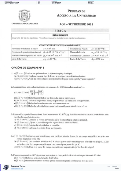 Vista previa de Examen PAU de Física de Cantabria 2011 – Extraordinaria