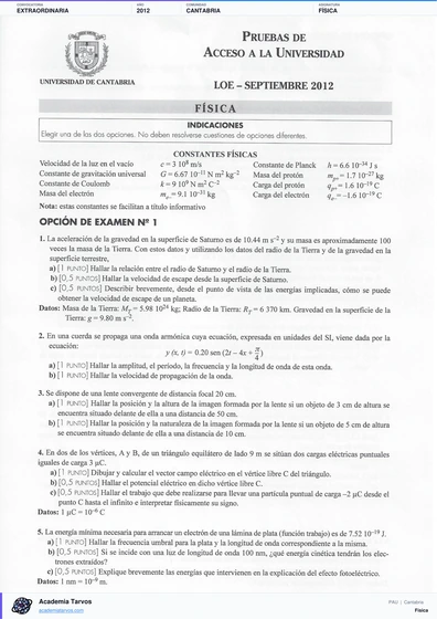 Vista previa de Examen PAU de Física de Cantabria 2012 – Extraordinaria