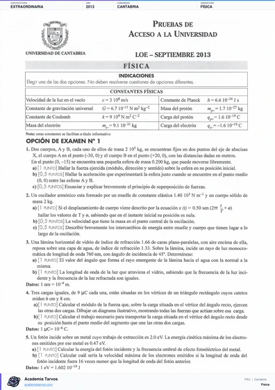 Vista previa de Examen PAU de Física de Cantabria 2013 – Extraordinaria