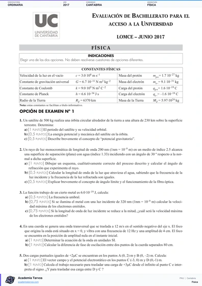 Vista previa de Examen PAU de Física de Cantabria 2017 – Ordinaria