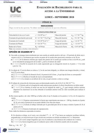 Vista previa de Examen PAU de Física de Cantabria 2018 – Extraordinaria