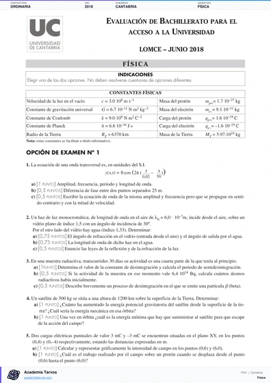 Vista previa de Examen PAU de Física de Cantabria 2018 – Ordinaria