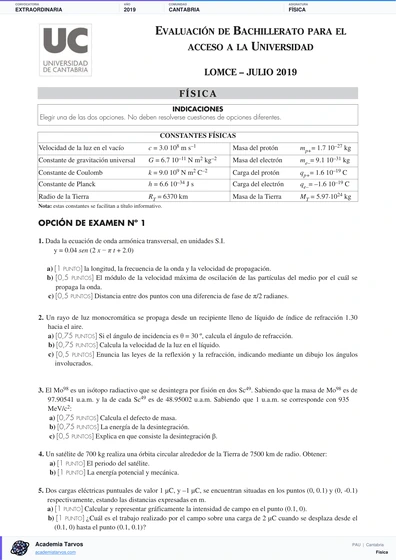 Vista previa de Examen PAU de Física de Cantabria 2019 – Extraordinaria