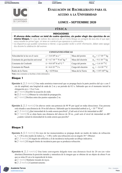 Vista previa de Examen PAU de Física de Cantabria 2020 – Extraordinaria