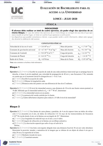 Vista previa de Examen PAU de Física de Cantabria 2020 – Ordinaria