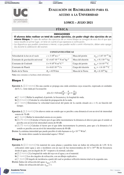 Vista previa de Examen PAU de Física de Cantabria 2021 – Extraordinaria