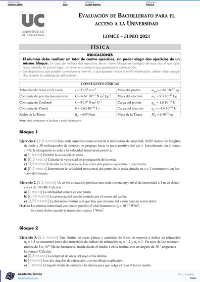 Vista previa de Examen PAU de Física de Cantabria 2021 – Ordinaria