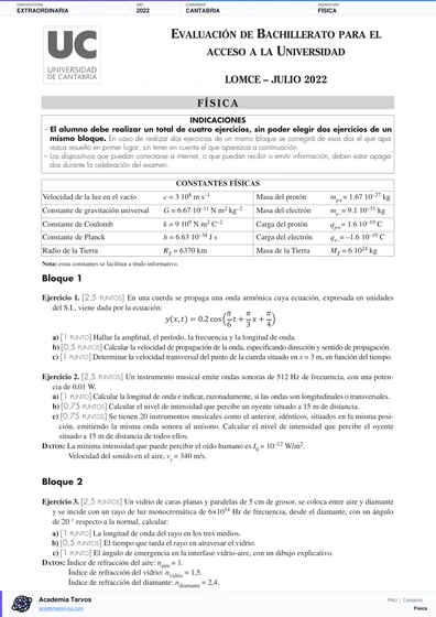 Vista previa de Examen PAU de Física de Cantabria 2022 – Extraordinaria