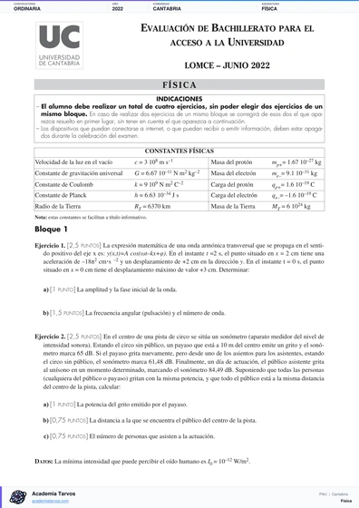 Vista previa de Examen PAU de Física de Cantabria 2022 – Ordinaria
