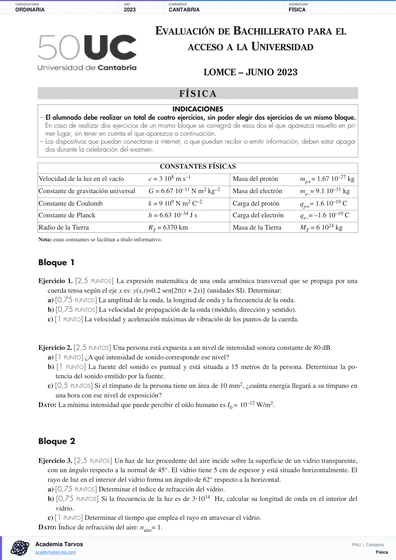 Vista previa de Examen PAU de Física de Cantabria 2023 – Ordinaria