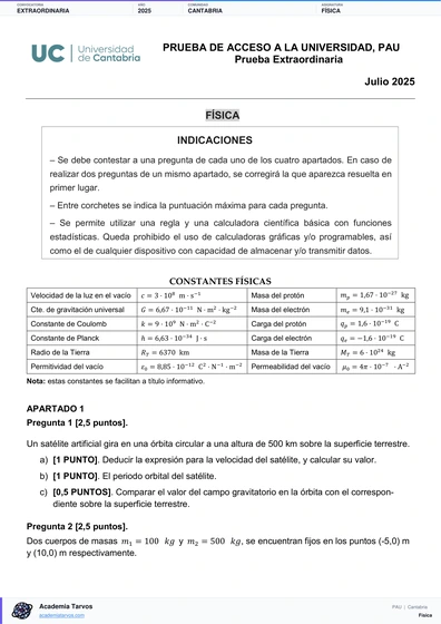 Vista previa de Examen PAU de Física de Cantabria 2025 – Extraordinaria