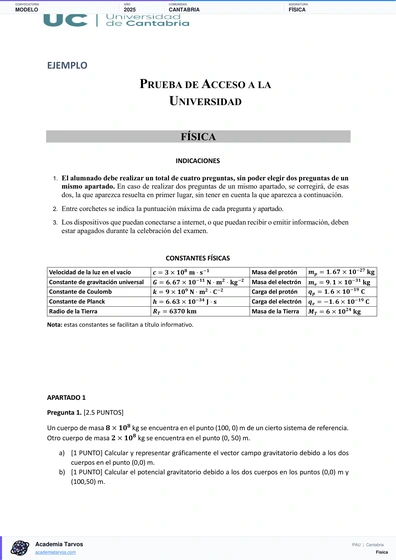 Vista previa de Modelo PAU de Física de Cantabria 2025