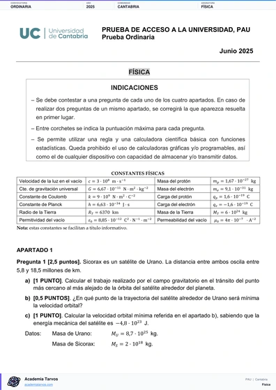 Vista previa de Examen PAU de Física de Cantabria 2025 – Ordinaria