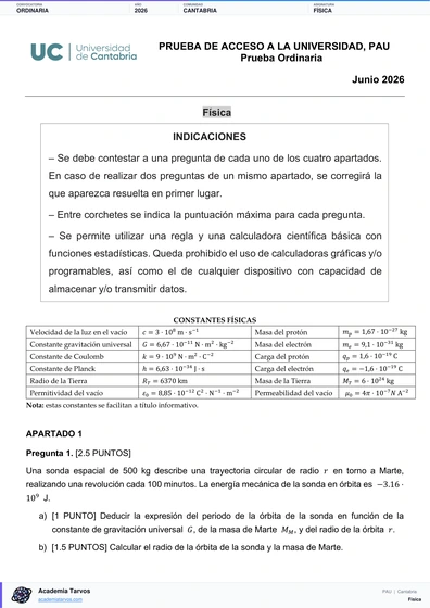 Vista previa de Examen PAU de Física de Cantabria 2026 – Ordinaria