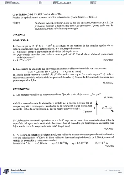 Vista previa de Examen PAU de Física de Castilla-La Mancha 2001 – Extraordinaria
