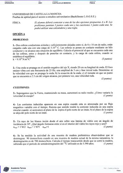 Vista previa de Examen PAU de Física de Castilla-La Mancha 2001 – Ordinaria