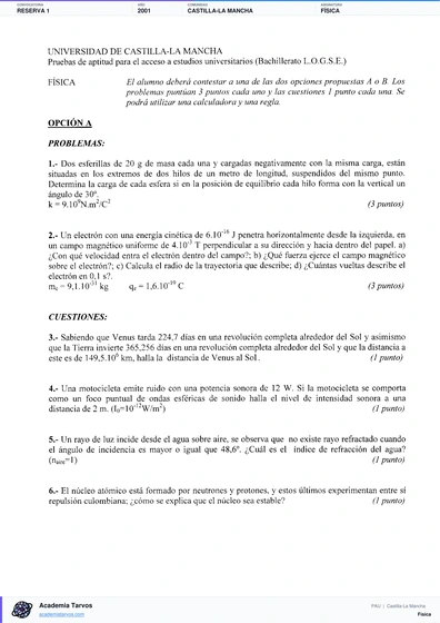 Vista previa de Examen PAU de Física de Castilla-La Mancha 2001 – Reserva 1