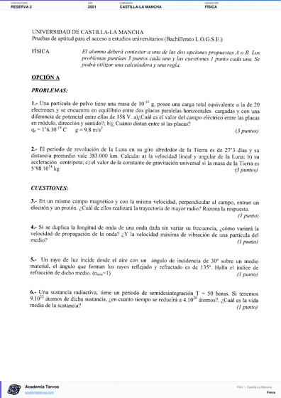 Vista previa de Examen PAU de Física de Castilla-La Mancha 2001 – Reserva 2
