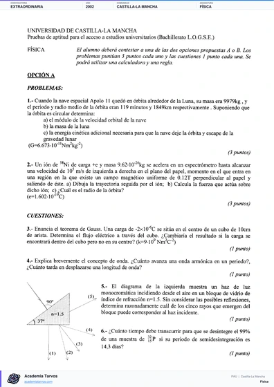 Vista previa de Examen PAU de Física de Castilla-La Mancha 2002 – Extraordinaria