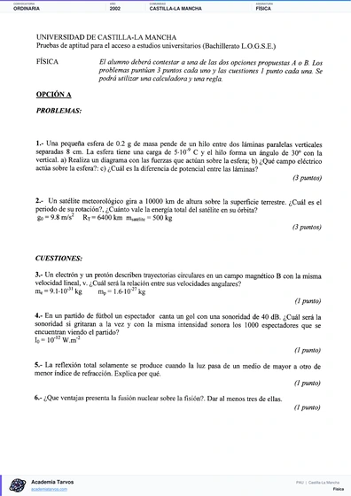 Vista previa de Examen PAU de Física de Castilla-La Mancha 2002 – Ordinaria