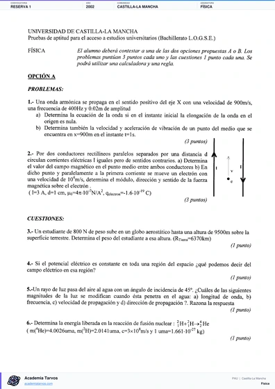 Vista previa de Examen PAU de Física de Castilla-La Mancha 2002 – Reserva 1