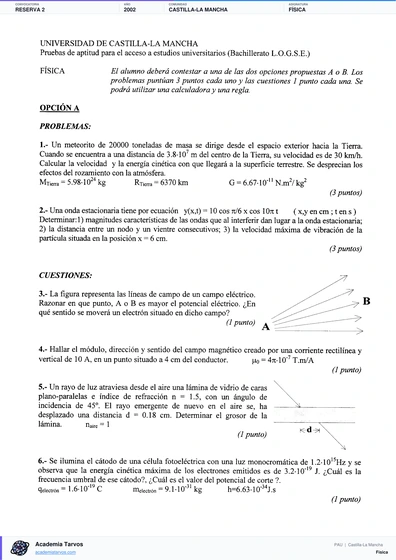 Vista previa de Examen PAU de Física de Castilla-La Mancha 2002 – Reserva 2