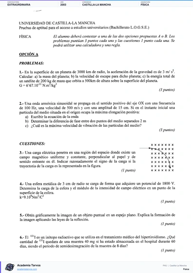 Vista previa de Examen PAU de Física de Castilla-La Mancha 2003 – Extraordinaria