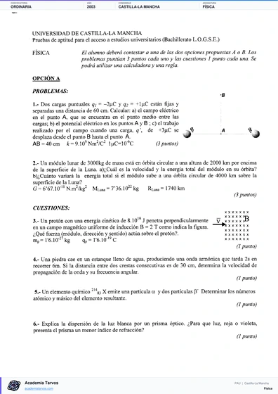 Vista previa de Examen PAU de Física de Castilla-La Mancha 2003 – Ordinaria