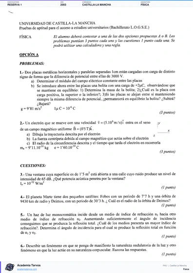 Vista previa de Examen PAU de Física de Castilla-La Mancha 2003 – Reserva 1