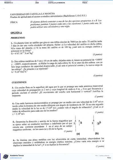Vista previa de Examen PAU de Física de Castilla-La Mancha 2003 – Reserva 2