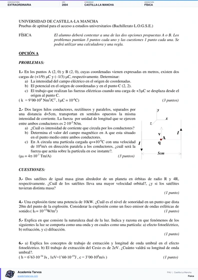 Vista previa de Examen PAU de Física de Castilla-La Mancha 2004 – Extraordinaria